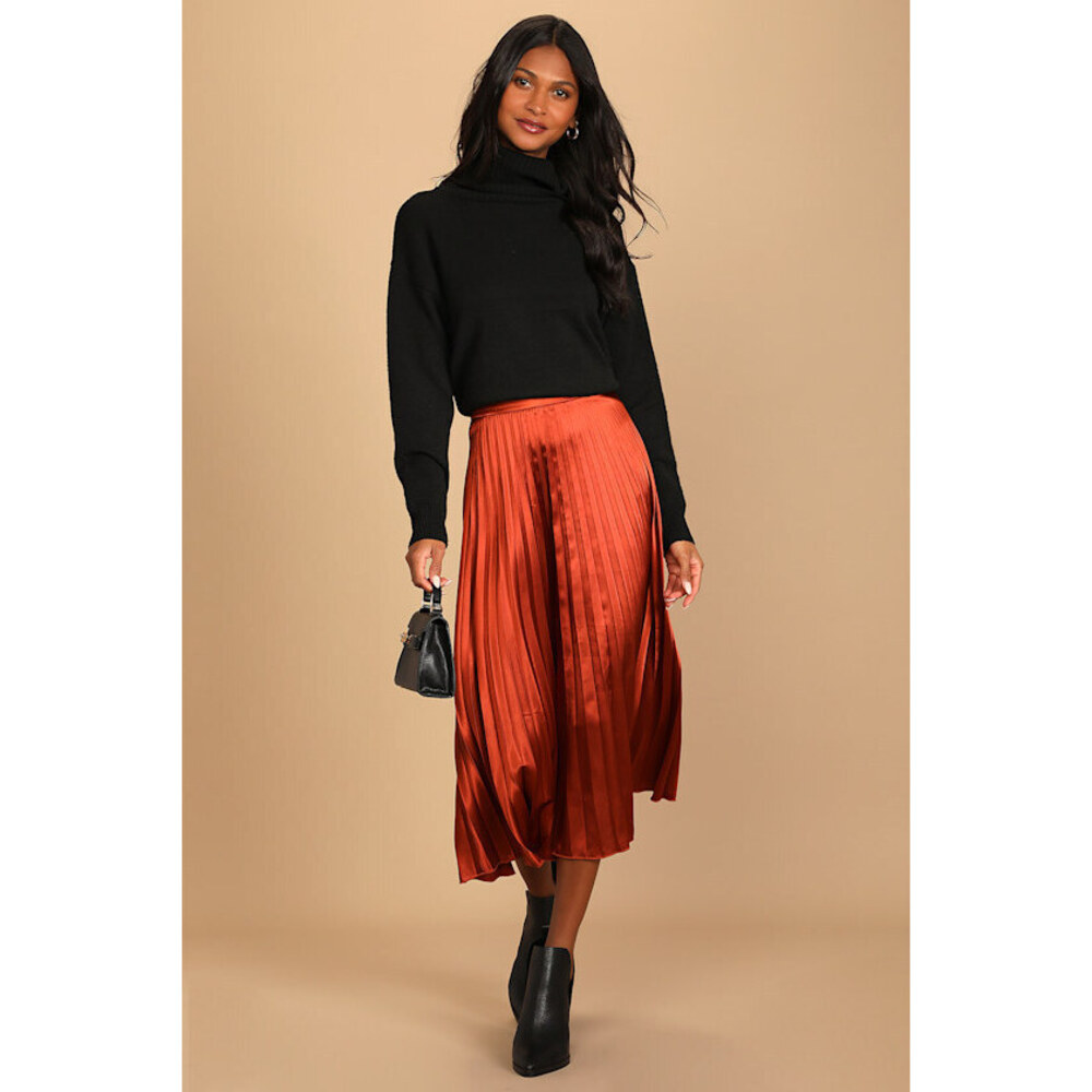 Lulus Fashionable Babe Rust Brown Satin Pleated Midi Skirt - Size S